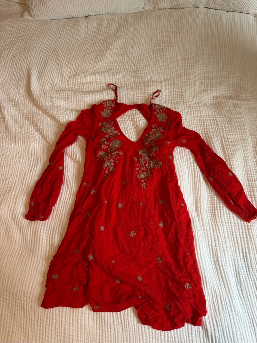 Free People Red Embroidered Long-Sleeve V-Neck Dress